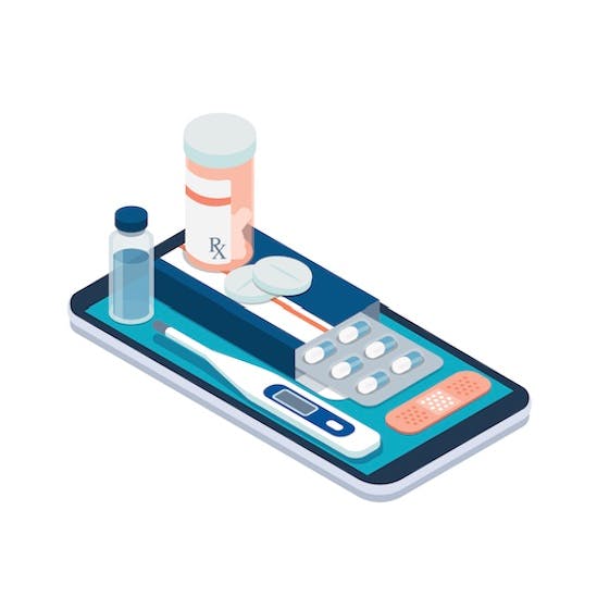 image  of a mobile phone topped with medicine and thermometer